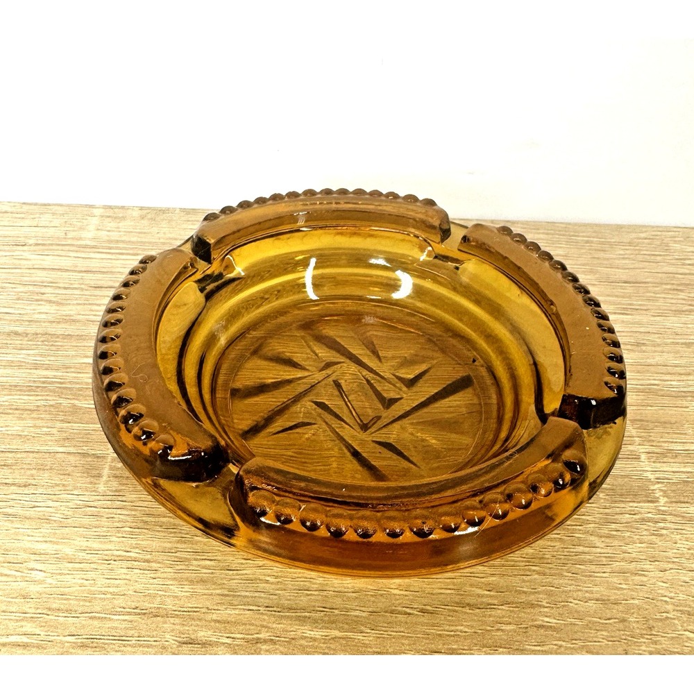Vintage Amber Glass Ashtray Starburst Beaded Rim 4 Inch